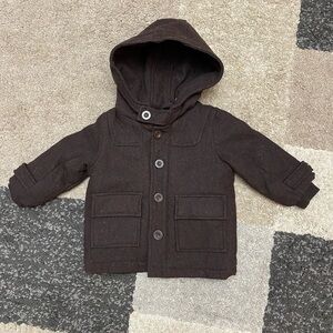 TIMBERLAND chocolate brown wool blend button down hooded coat size 12 month